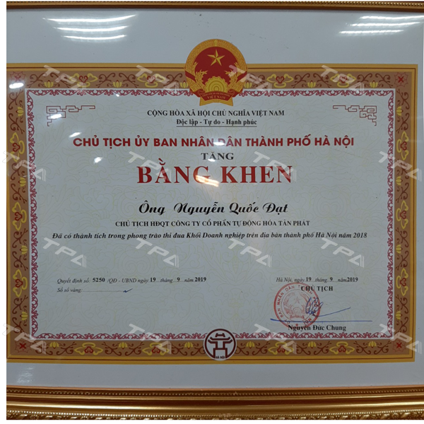 Hình ảnh bằng khen của TPA do UBND thành phố Hà Nội trao tặng