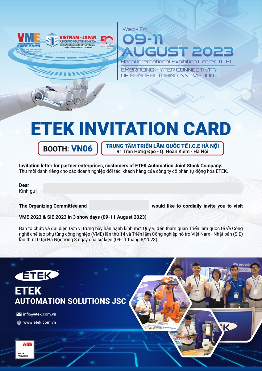 Thư mời tham quan gian hàng ETEK tại triển lãm VME- Việt Nam Manufacturing Expo