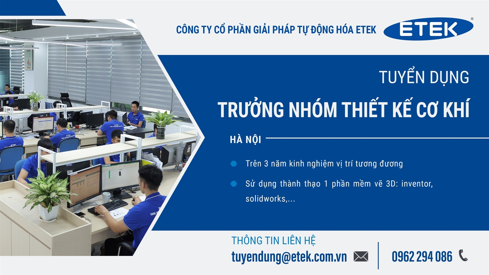 HÀ NỘI - TUYỂN DỤNG TRƯỞNG NHÓM THIẾT KẾ CƠ KHÍ